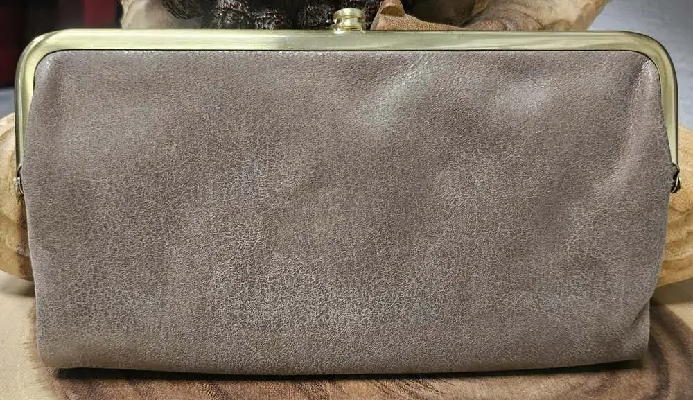 HOBO International Lauren Taupe Soft Leather Double Frame Kisslock Clutch Wallet